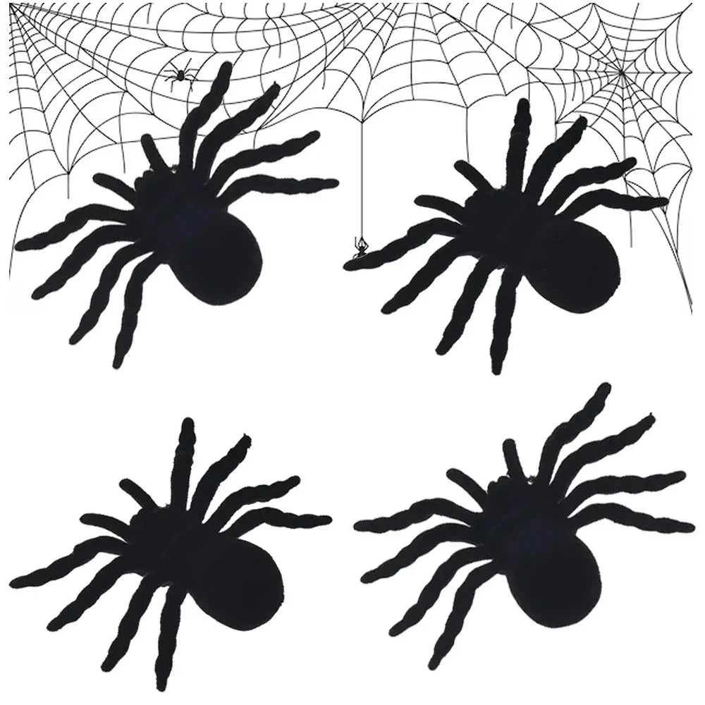 Halloween Spinnen Set 4 Stück – schwarze Deko-Spinnen 11 cm für Party, Haus & Garten