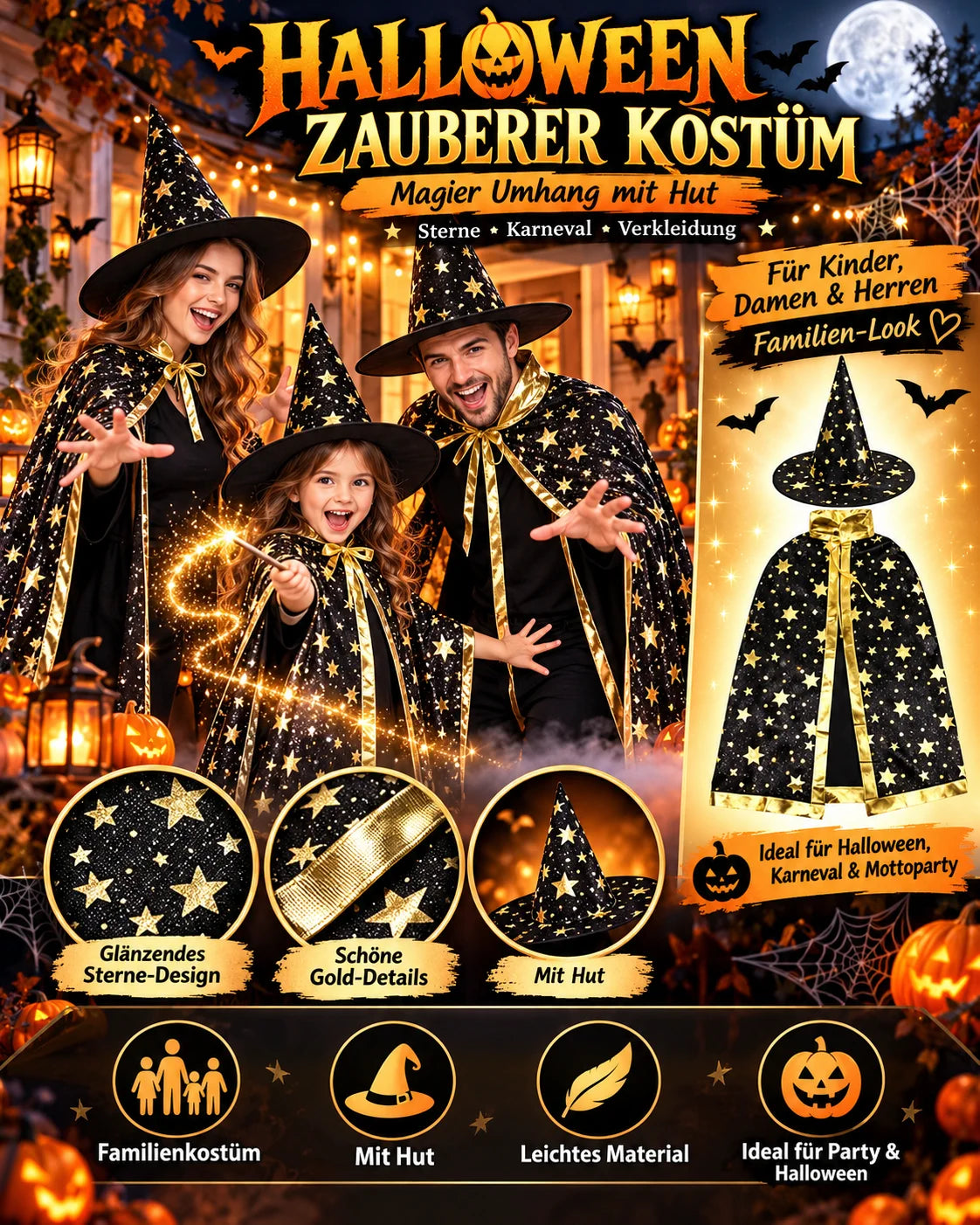 Zauberer Kostüm mit Hut & Sternen-Umhang – Magier Verkleidung für Halloween, Karneval und Fasching