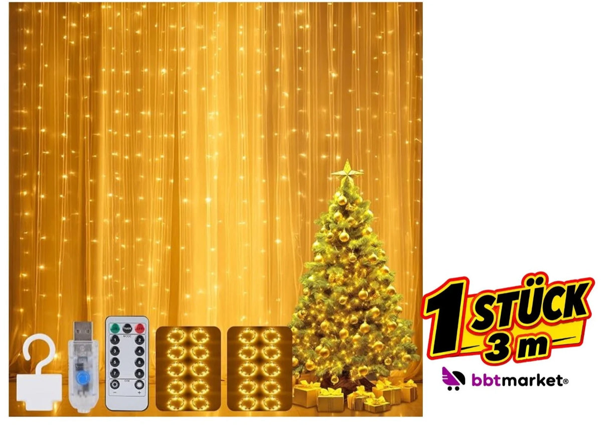 Lichtervorhang LED Warmweiß USB Fernbedienung 8 Modi Timer Hochzeit Deko 3x3msss