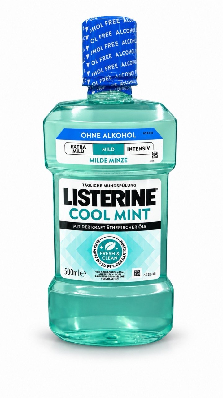 Listerine Cool Mint Mild 500 ml – antibakterielle alkoholfreie Mundspülung mit ätherischen Ölen & mildem Minzgeschmack