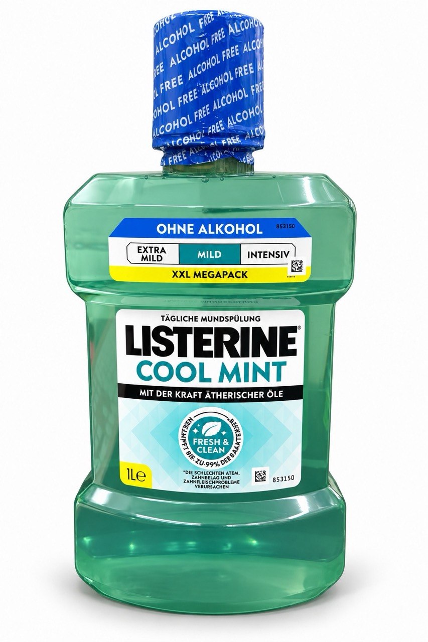 Listerine Cool Mint Mundspülung 1 L – antibakterielles Mundwasser mit mildem Minzgeschmack, ätherischen Ölen & Fluorid