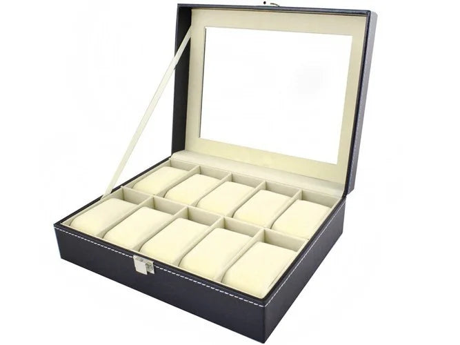 Uhrenbox für 10 Uhren – schwarzer Uhrenkoffer aus PU mit Sichtfenster, Uhrenetui Organizer und Geschenkbox