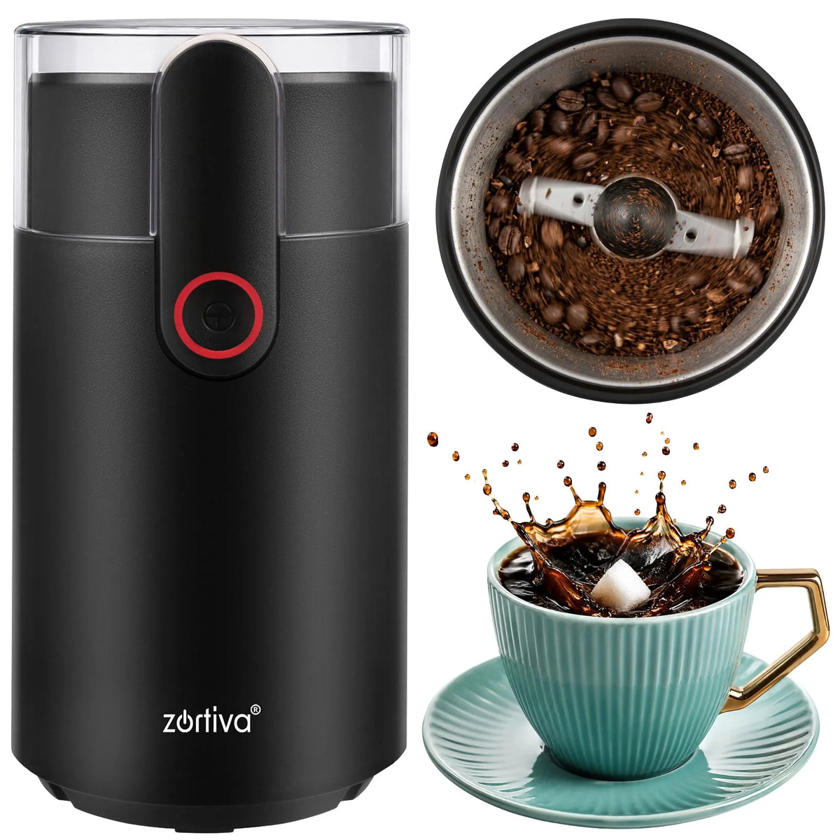 Zortiva elektrische Kaffeemühle 150 W – 50 g Gewürz- und Nussmühle mit Edelstahlklinge, 22.000 U/min