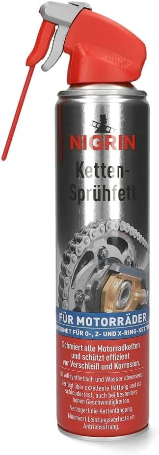 NIGRIN Ketten-Sprühfett 400 ml – vollsynthetisches Motorrad Kettenspray für O-, X- & Z-Ring-Ketten