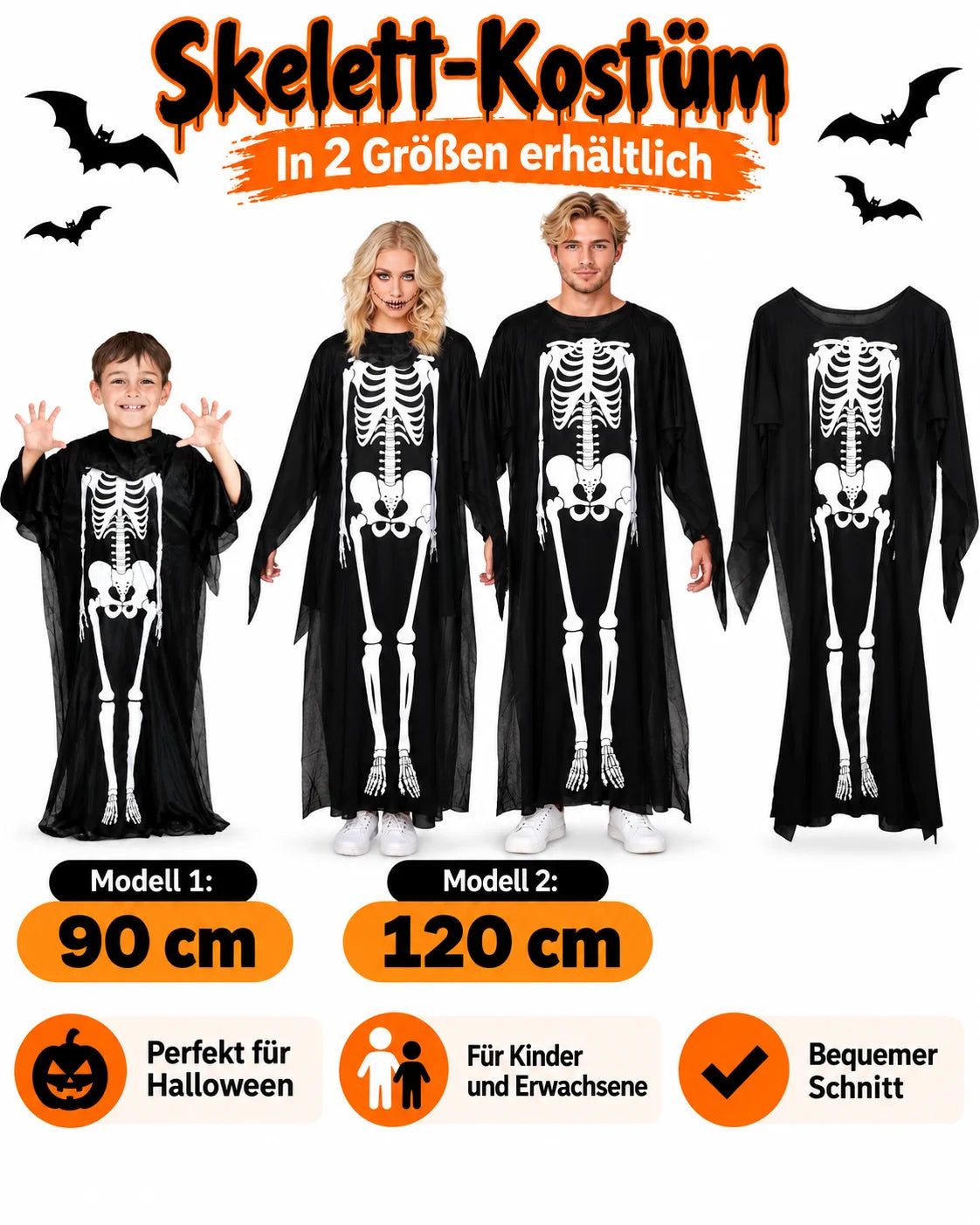 Skelett Kostüm Jumpsuit für Herren, Damen & Kinder – Halloween, Karneval und Cosplay 90/120cm