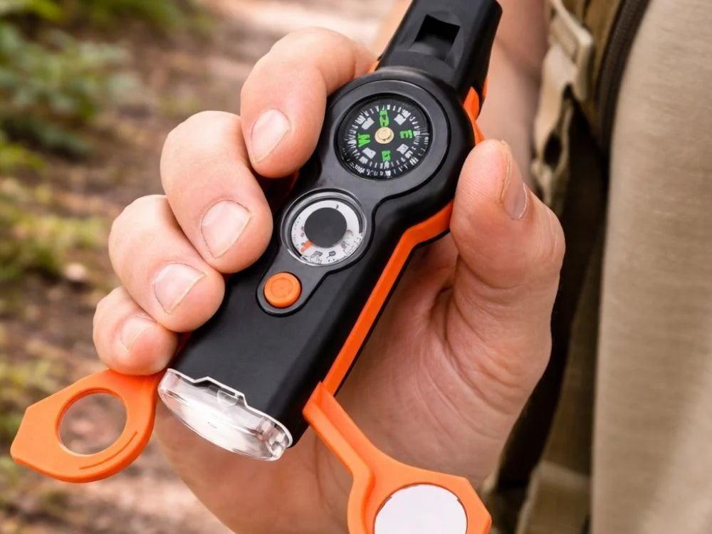 Survival Pfeife 6in1 mit Kompass, Taschenlampe, Thermometer, Lupe & Spiegel – Outdoor Multifunktionswerkzeug