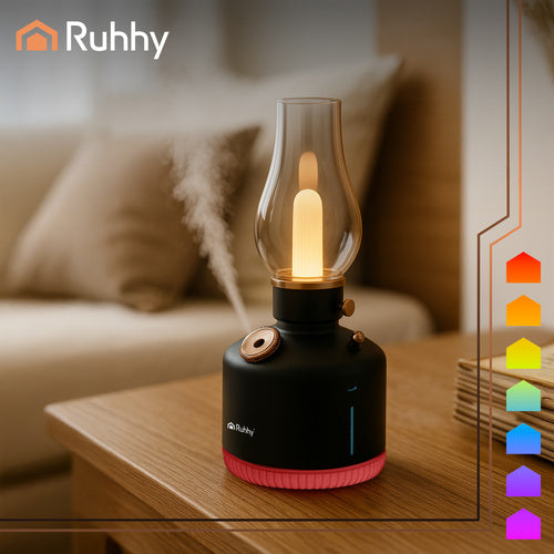 Ruhhy Aive USB Luftbefeuchter mit Diffusor & 14 RGB-LEDs – Retro Aroma Diffusor mit Akku