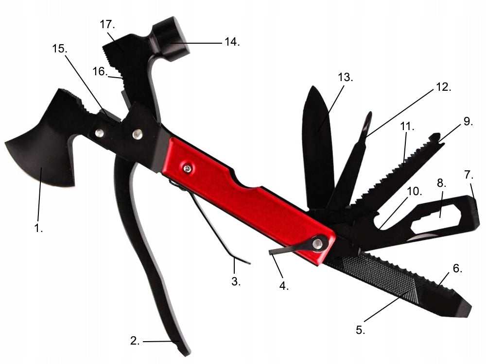 17in1 Multitool aus Edelstahl – Survival Werkzeug mit Hammer, Axt, Zange und Säge inklusive Tasche