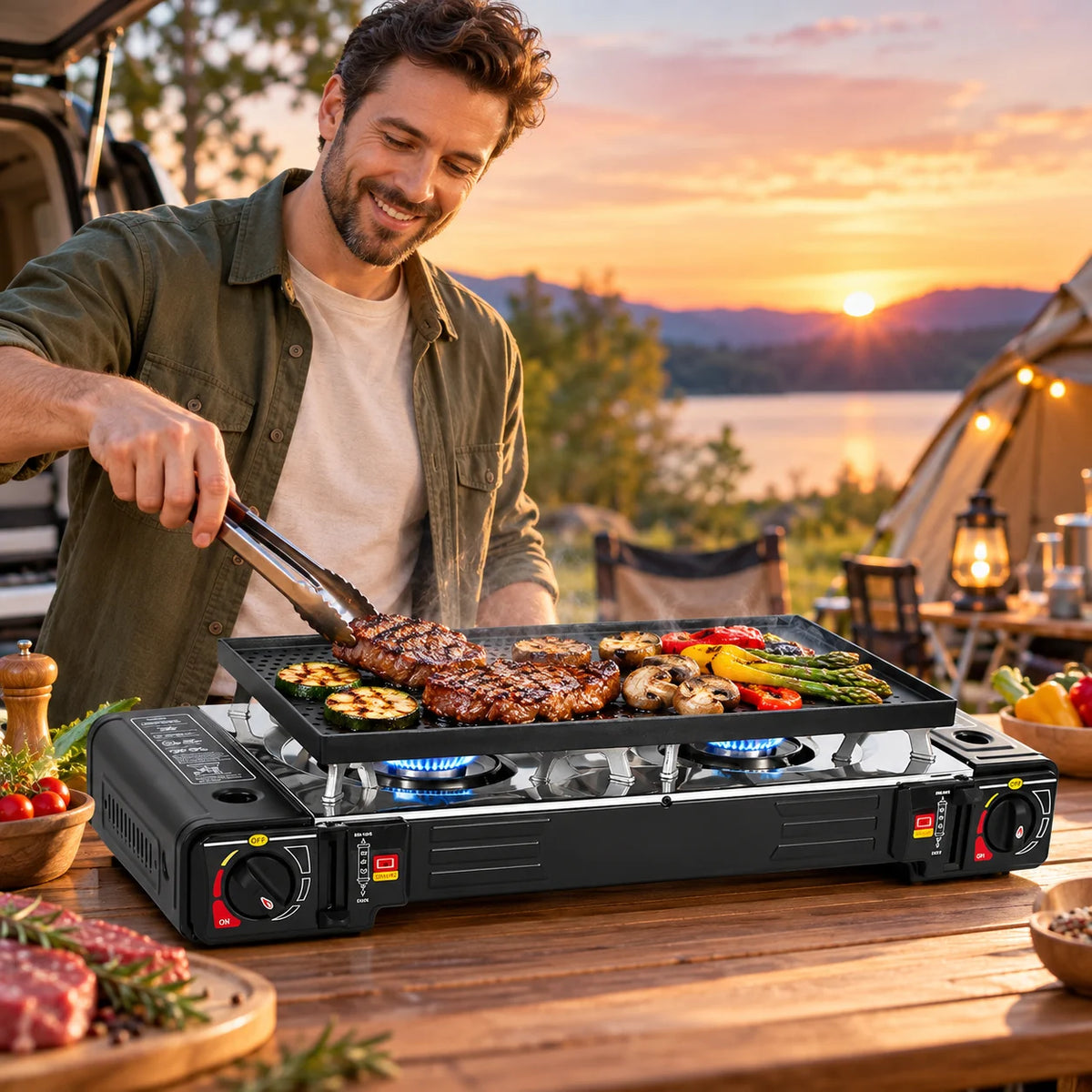 2 flammig Campingkocher Outdoor Camping Gas Kocher Grillplatte + 4x Gaskartusche