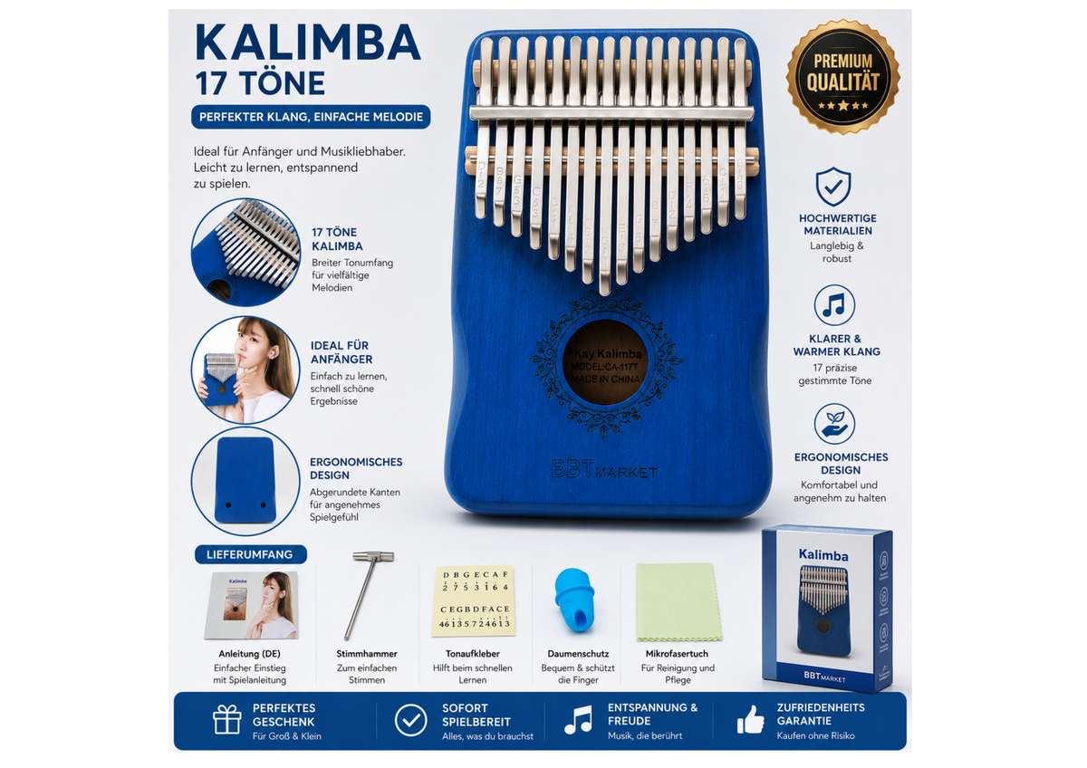 Kalimba 17 Tasten Blau – Daumenklavier aus Holz mit Tasche & Zubehör
