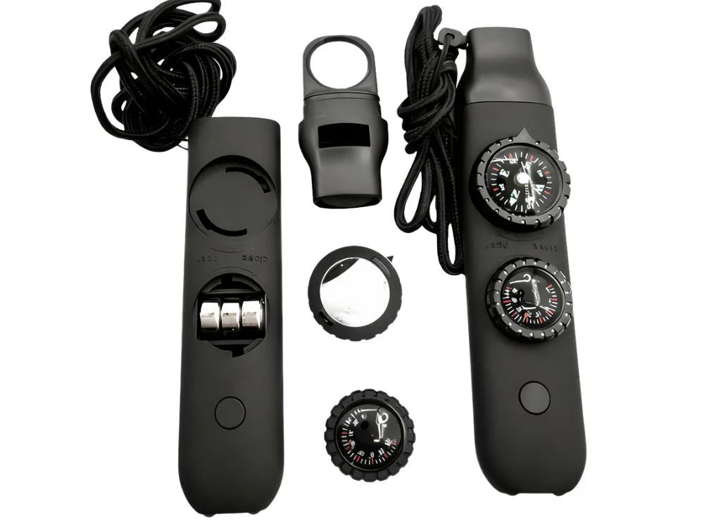 Survival Pfeife 5in1 mit Kompass, Taschenlampe, Thermometer & Lupe – Outdoor Multifunktionspfeife mit Umhängeband