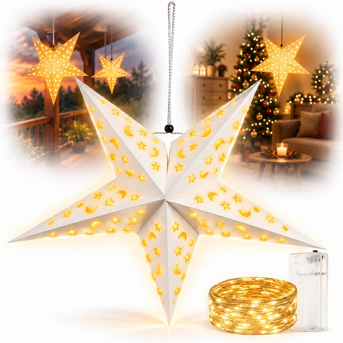 3D Weihnacht Stern LED Innen 60 cm Adventsstern Beleuchtet Timer Weihnachtsdeko