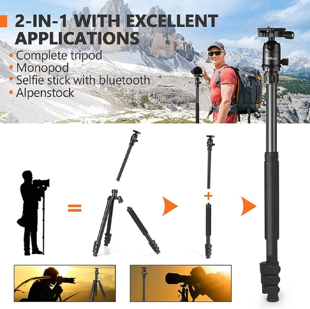 TACKLIFE Kamera & Handy Stativ MLT05 | 55-178cm Höhenverstellbar | 360° Kugelkopf | 9kg Tragkraft | Einbeinstativ & Selfie-Stick mit Bluetooth