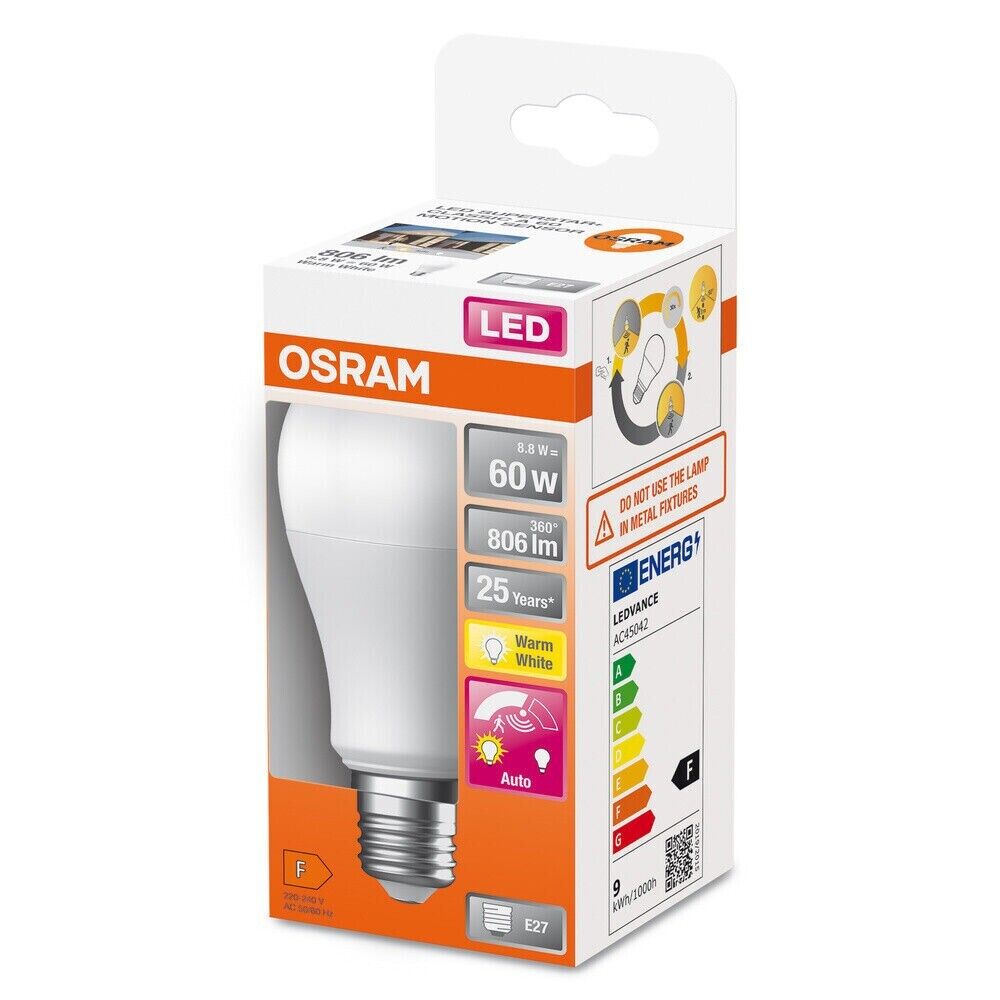 Bewegungssensor, Abschaltautomatik, LED-Lampe, Sockel E27,Kolbenform, 8,8W, 806L