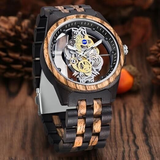 Holzuhr Herren Bambusuhr Quarz Armbanduhr Holz Analog Skelett Design Uhr