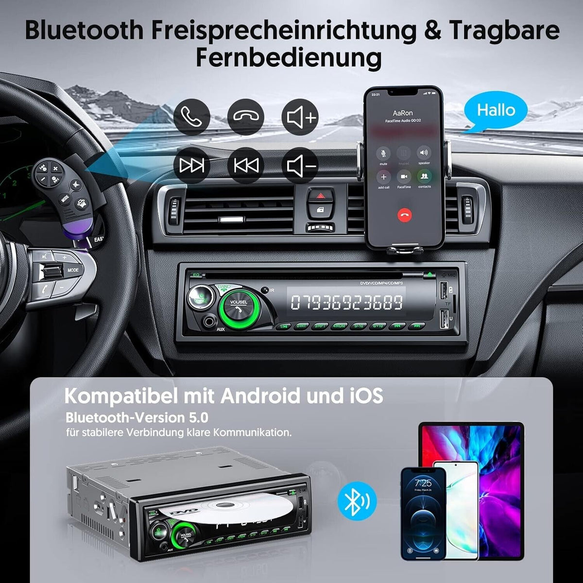 1DIN Autoradio Bluetooth CD DVD Player USB SD AUX RDS Freisprecheinrichtung