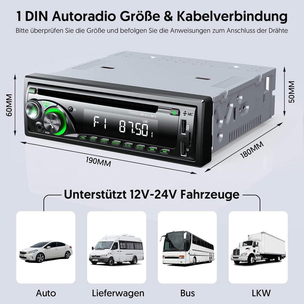 1DIN Autoradio Bluetooth CD DVD Player USB SD AUX RDS Freisprecheinrichtung