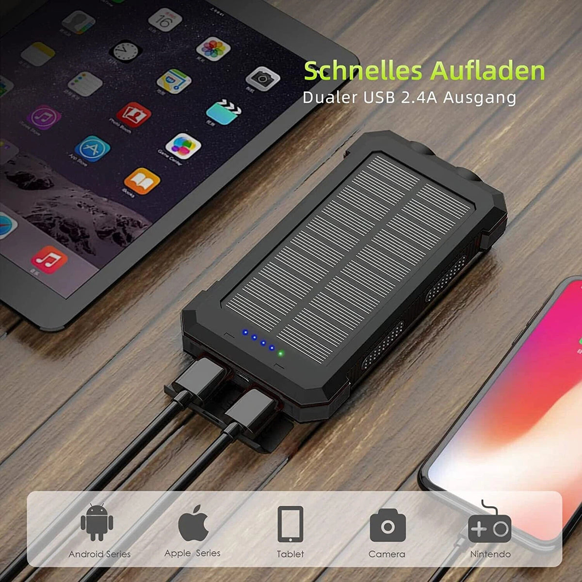 30000mAh Solar Powerbank Akku LED Kompass 2USB Wasserdicht Outdoor DE