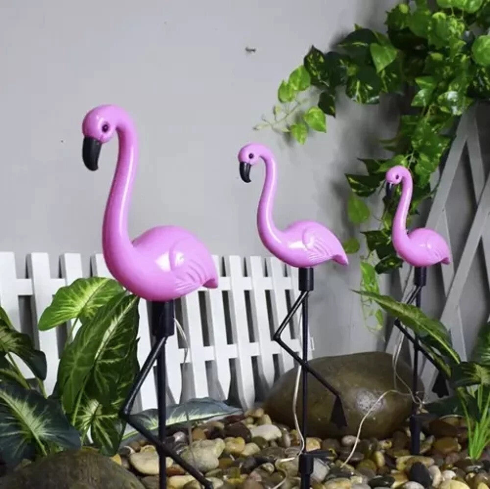 Solar Flamingo Gartenleuchten 3er Set – LED Solar Gartenstecker mit Solarpanel IP44 für Garten und Terrasse