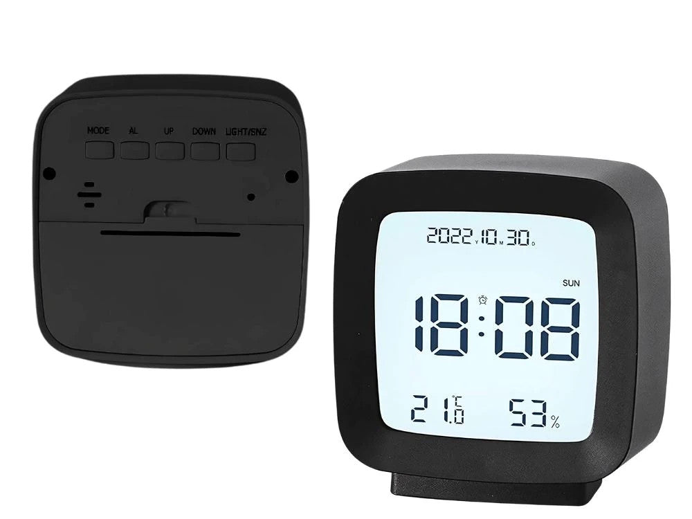 Digitaler Wecker mit LCD Display – Temperatur, Luftfeuchtigkeit, Datum und Schlummerfunktion in Schwarz