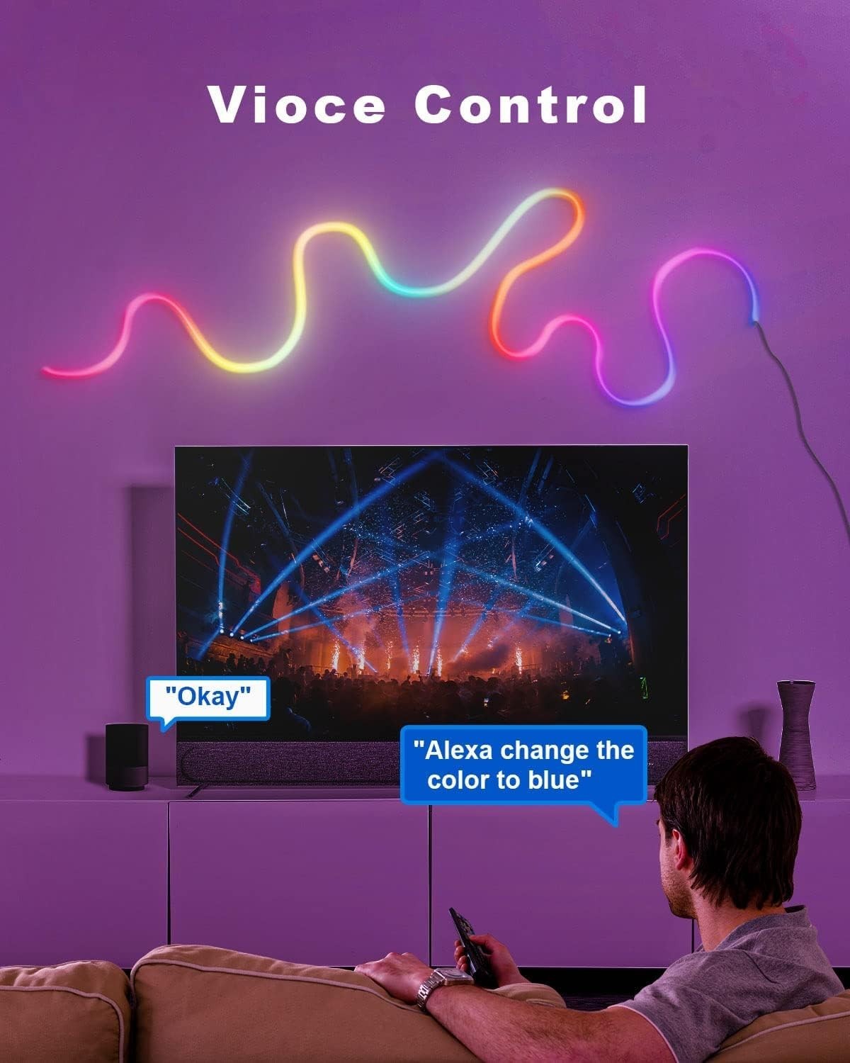 Neon LED Strip 5m RGB-IC Licht mit Musiksteuerung & Alexa für Wanddeko IP65
