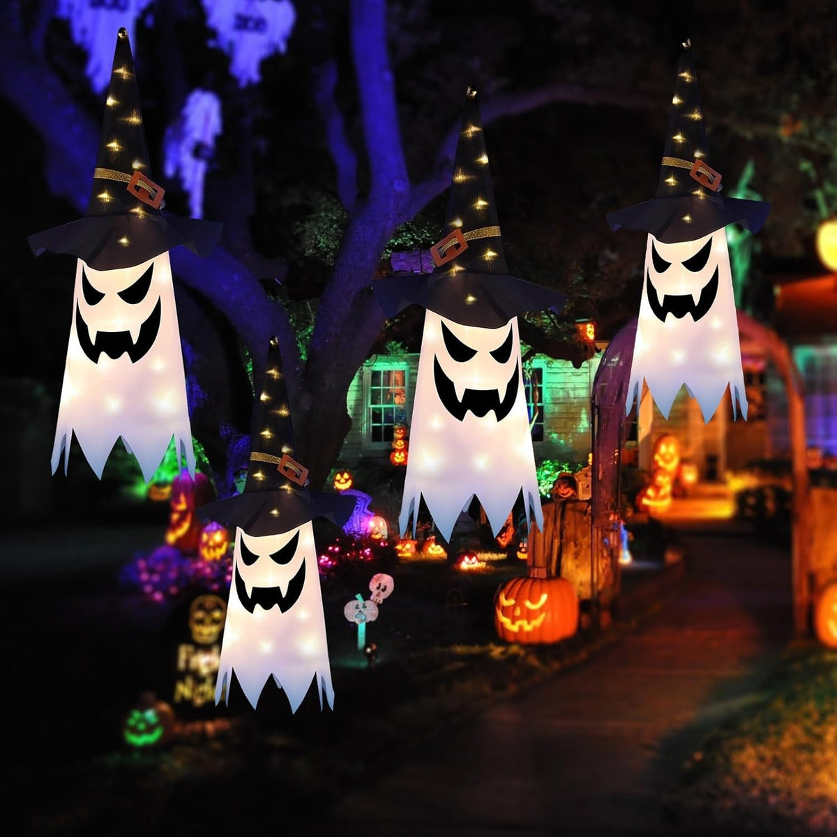 Halloween Deko Hängender Leuchtender Geist mit Hexenhut LED 80x25cm 🎃🎃🎃