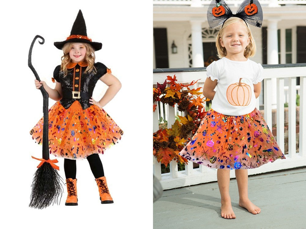 Halloween Kostüm Mädchen 🎃 Tutu Rock mit Kürbis Stirnband Schleife Glitzer 👻
