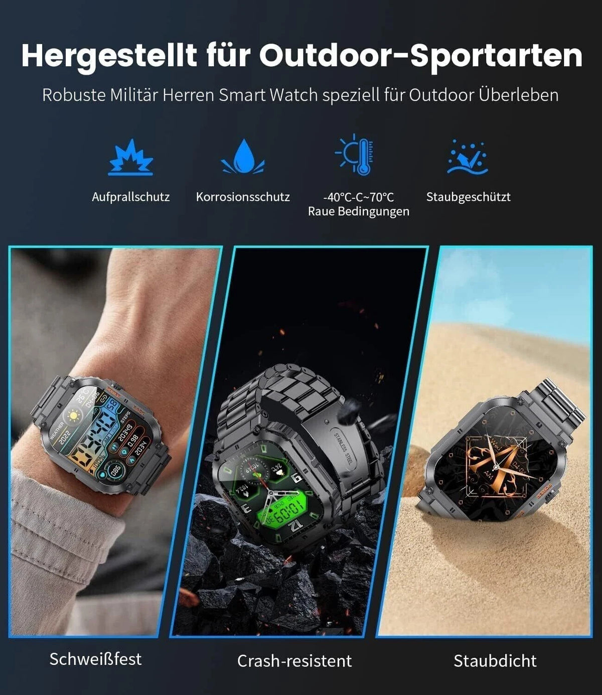Smartwatch Herren Militärisch Telefonfunktion 1.96'' HD 100+ Sportmodi Schwarz