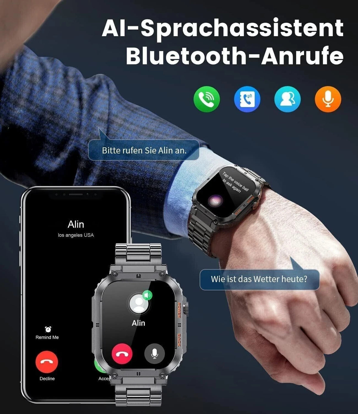 Smartwatch Herren Militärisch Telefonfunktion 1.96'' HD 100+ Sportmodi Schwarz