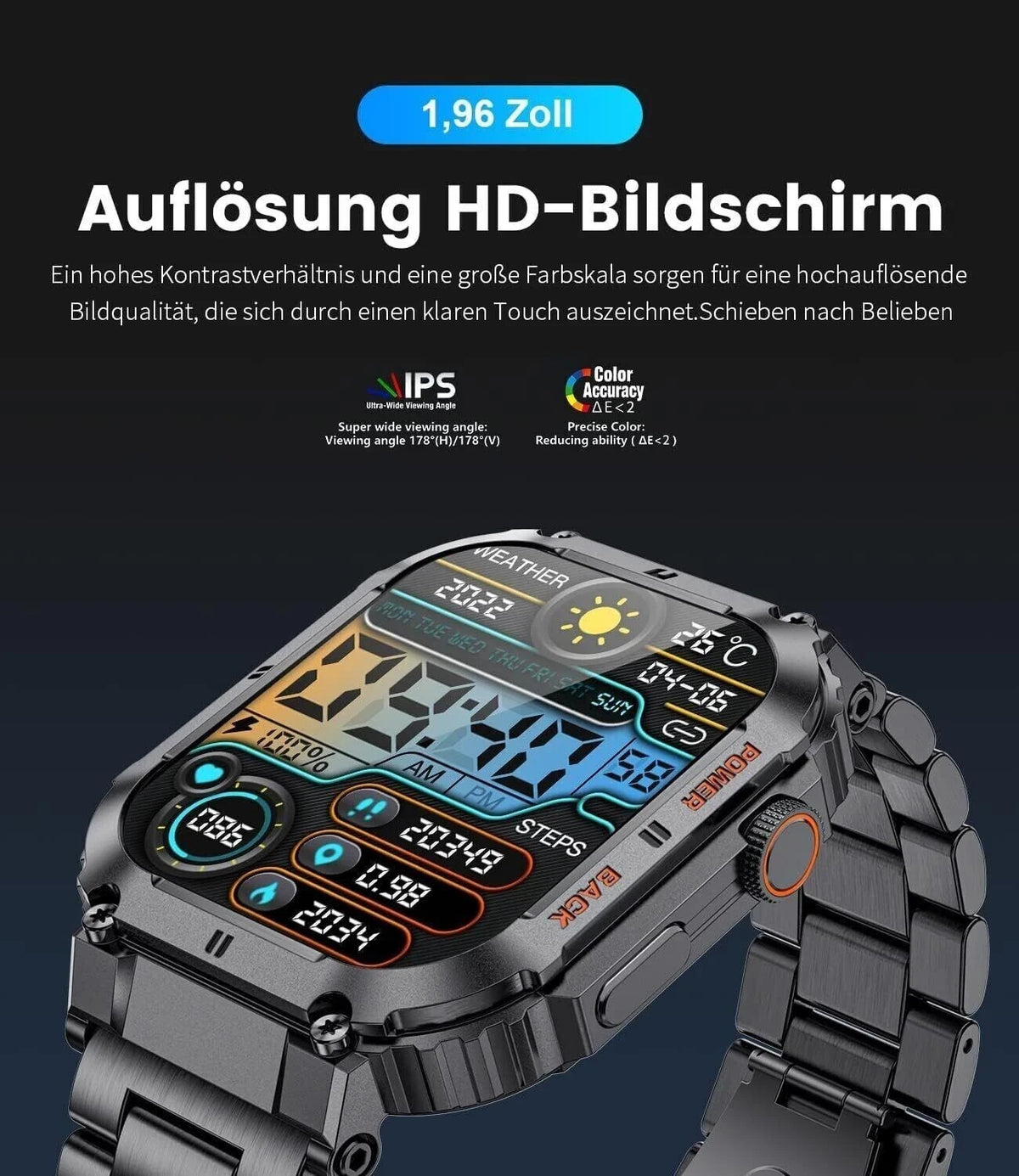 Smartwatch Herren Militärisch Telefonfunktion 1.96'' HD 100+ Sportmodi Schwarz