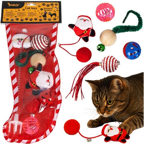 PURLOV Katzenspielzeug Weihnachtsset 6-teilig – Bälle, Federn & Pompons im Weihnachtssocken, Sicheres & Abwechslungsreiches Spielzeug für Katzen