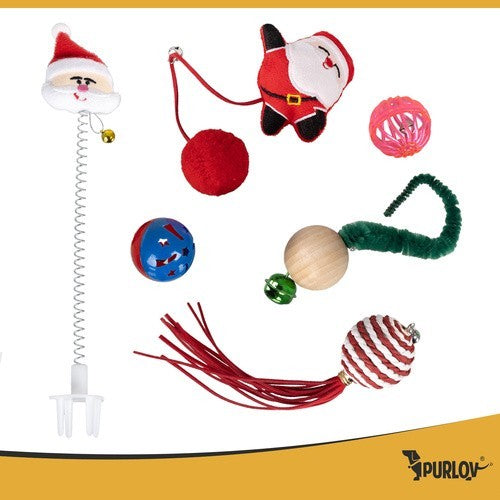 PURLOV Katzenspielzeug Set 6-tlg Weihnachten Bälle Federn Glöckchen