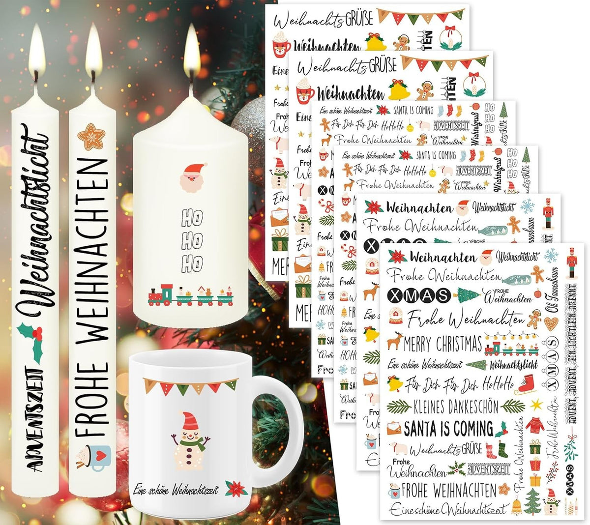 6x Weihnachts Kerzen Tattoo Set  200+ Motive Wassertransfer Deko