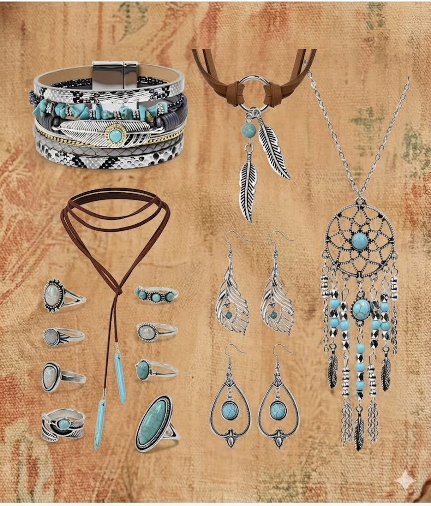 Boho Schmuck Set Türkis Damen Vintage Kette Ohrringe Ringe 14 teilig Geschenk Set