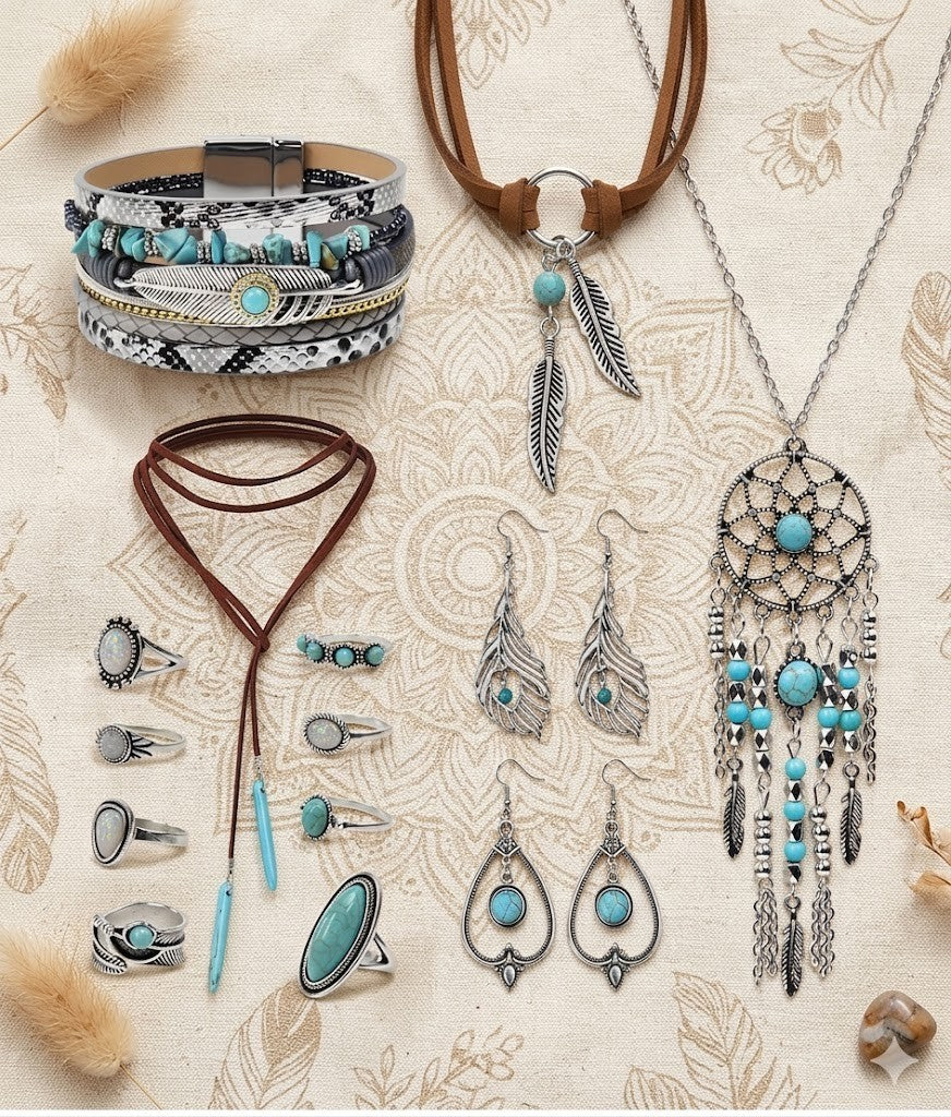 Boho Schmuck Set Türkis Damen Vintage Kette Ohrringe Ringe 14 teilig Geschenk Set