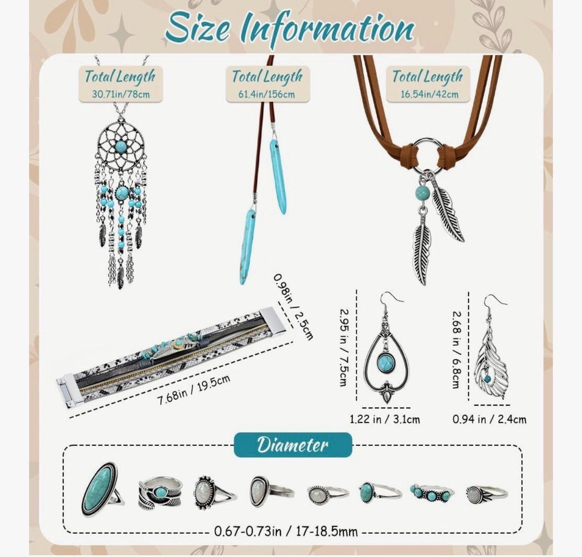 Boho Schmuck Set Türkis Damen Vintage Kette Ohrringe Ringe 14 teilig Geschenk Set