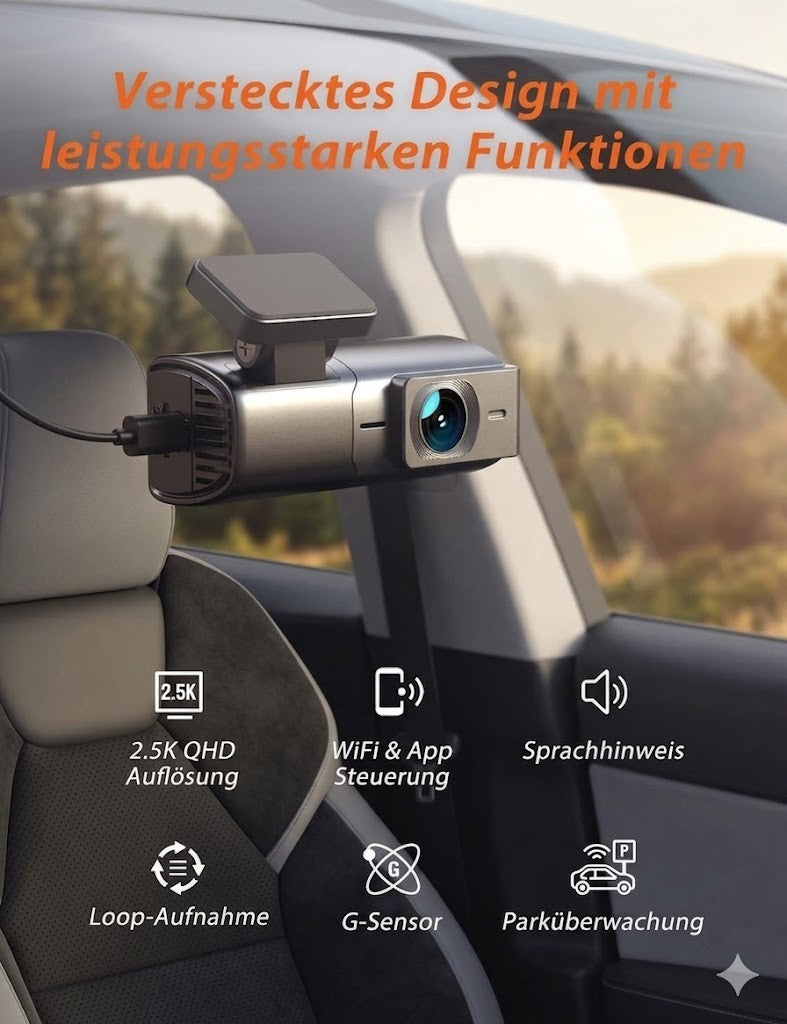 Dashcam 2.5K WLAN Autokamera 170° Nachtsicht Parküberwachung