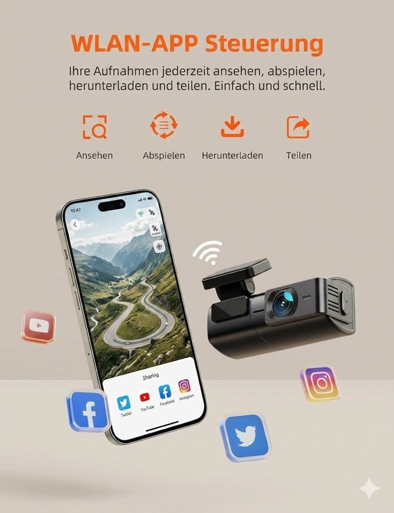 Dashcam 2.5K WLAN Autokamera 170° Nachtsicht Parküberwachung