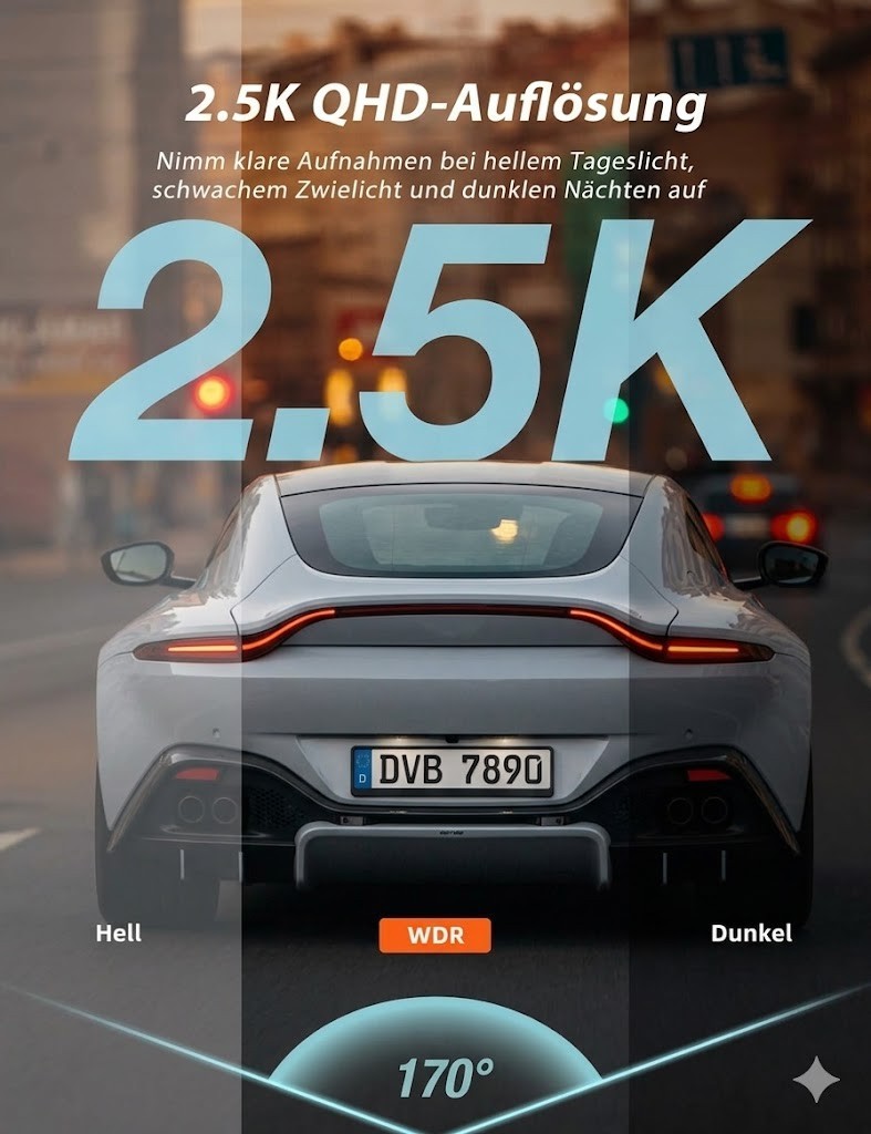 Dashcam 2.5K WLAN Autokamera 170° Nachtsicht Parküberwachung