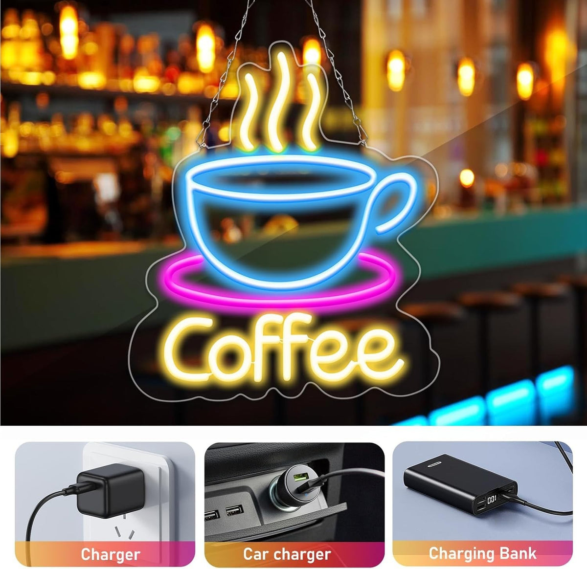 LED Kaffee Neon Schild dimmbar USB 43cm Coffee Leuchtschild