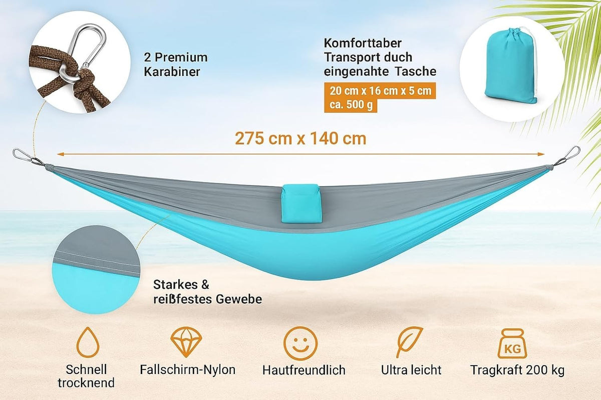 Ultraleichte Hängematte 275x140 cm Reisehängematte Camping Outdoor bis 200 kg inkl Karabiner