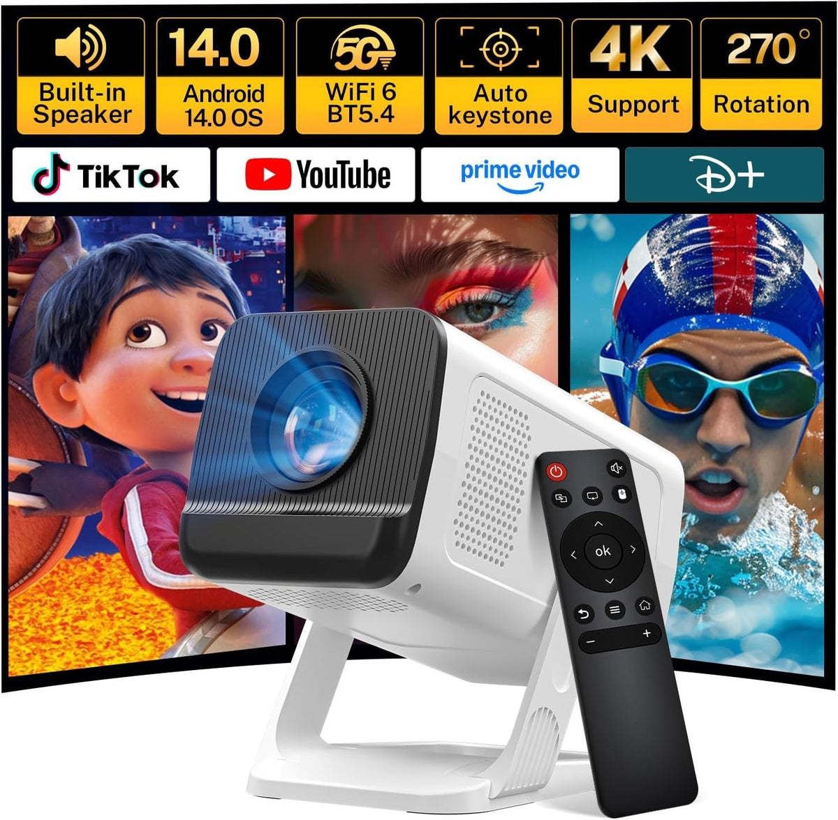 Mini Beamer Android 14 WiFi 6 Bluetooth 5.4 HD Projektor 4K HDMI USB