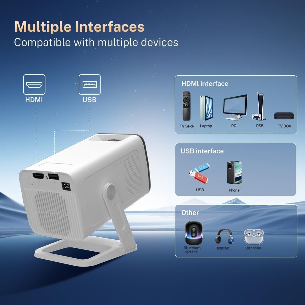 Mini Beamer Android 14 WiFi 6 Bluetooth 5.4 HD Projektor 4K HDMI USB