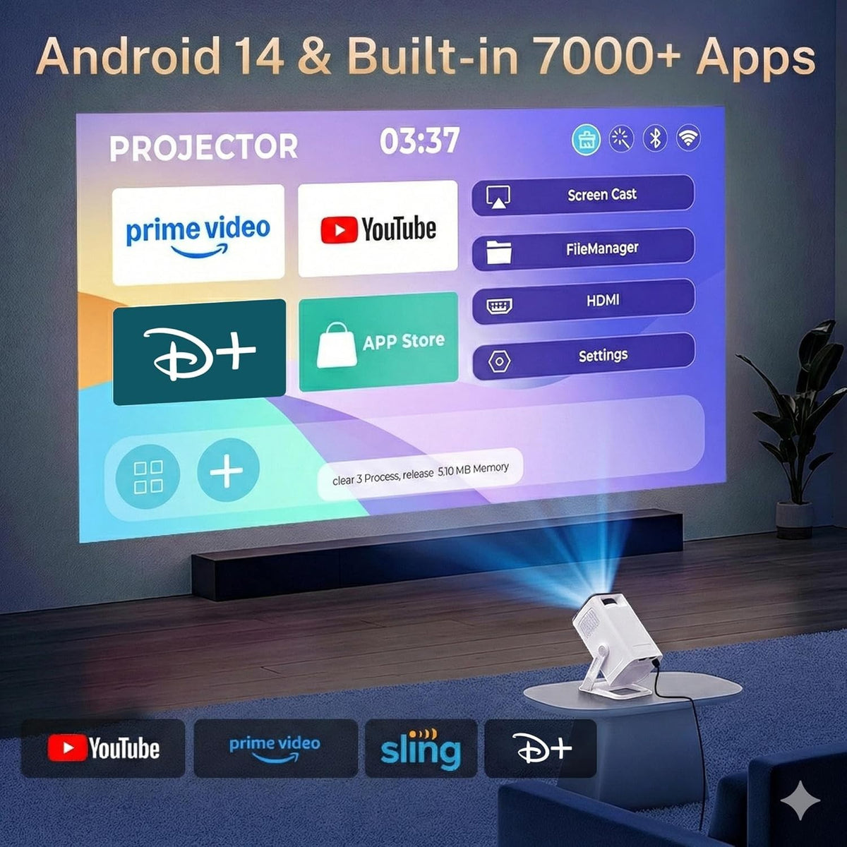 Mini Beamer Android 14 WiFi 6 Bluetooth 5.4 HD Projektor 4K HDMI USB