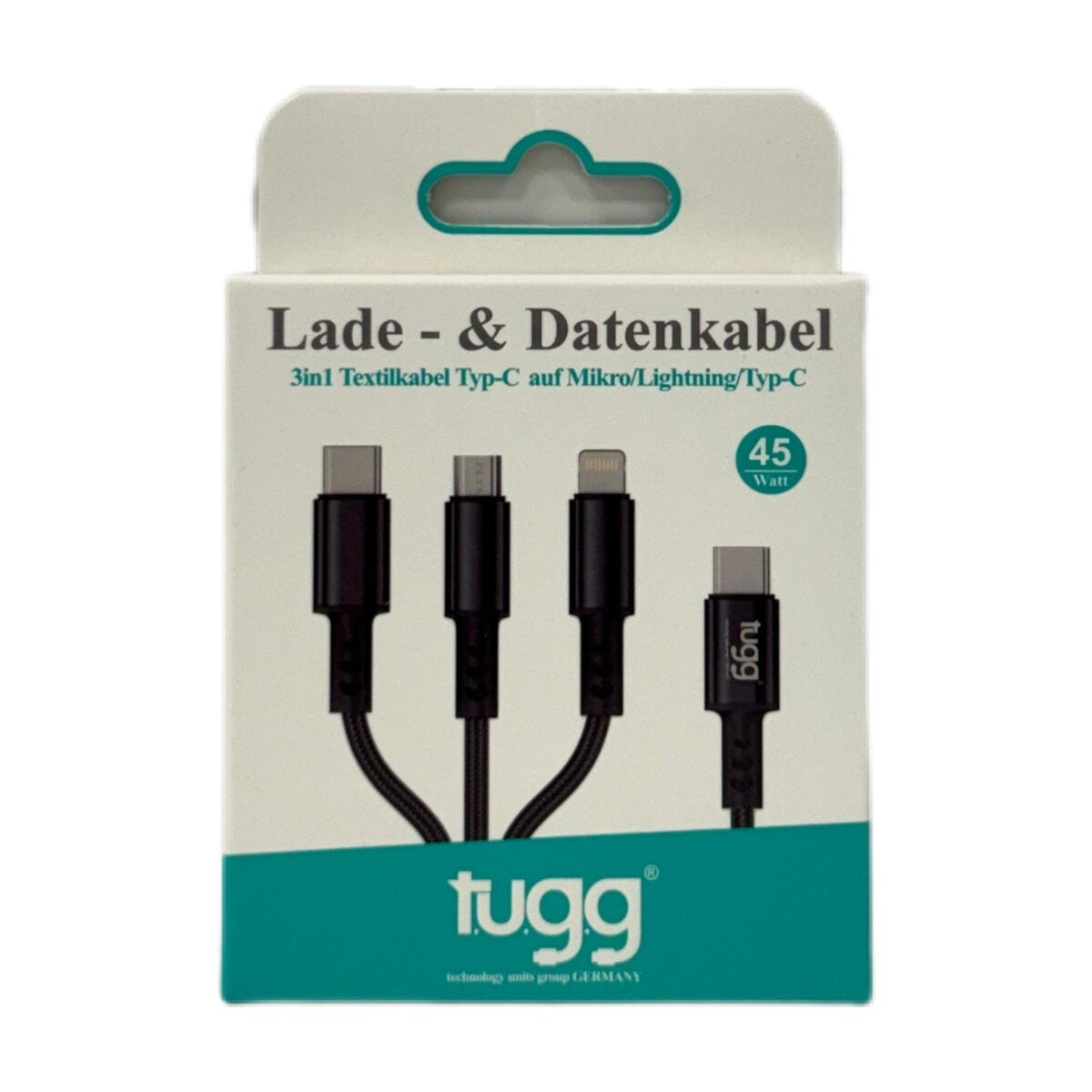 TUGG 3in1 USB-C Ladekabel 45W 1,2m 8-Pin Micro USB Multi Ladekabel Schwarz