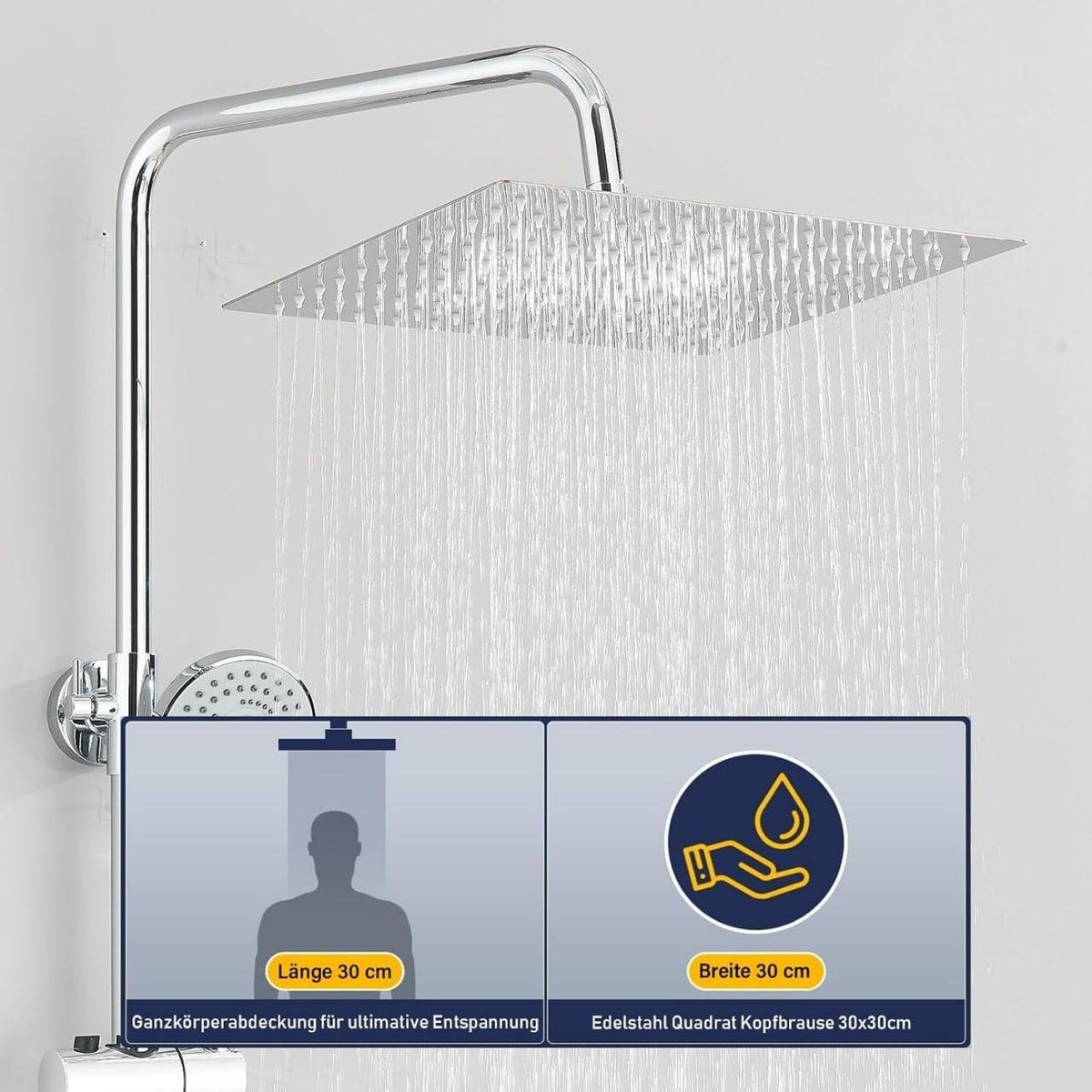 Edelstahl Regendusche Set 30x30cm Duschsystem Kopfbrause Handbrause Chrom