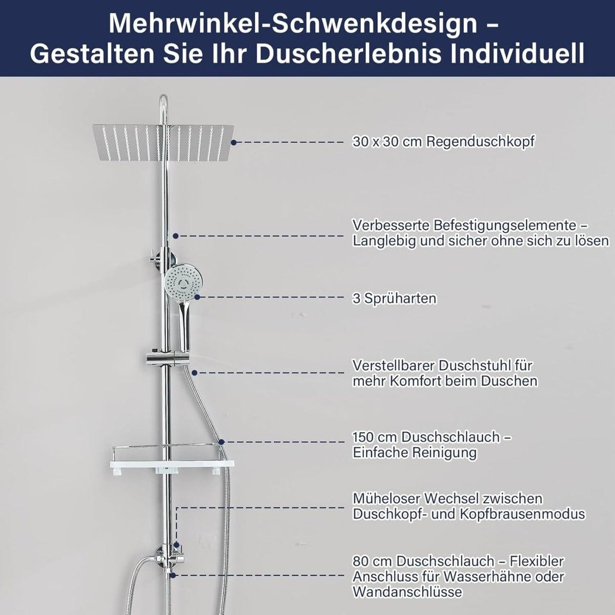 Edelstahl Regendusche Set 30x30cm Duschsystem Kopfbrause Handbrause Chrom