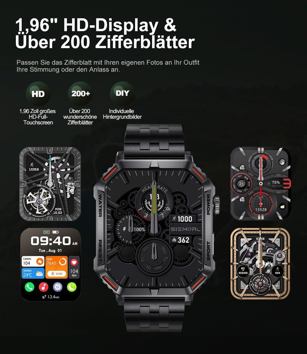 Smartwatch Herren mit Telefonfunktion,1.96'' DIY HD Outdoor Militär Fitnessuhr