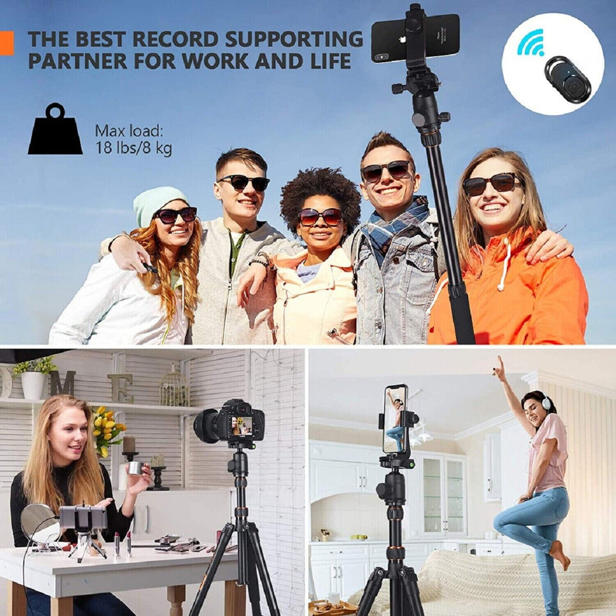 TACKLIFE Kamera & Handy Stativ MLT05 | 55-178cm Höhenverstellbar | 360° Kugelkopf | 9kg Tragkraft | Einbeinstativ & Selfie-Stick mit Bluetooth