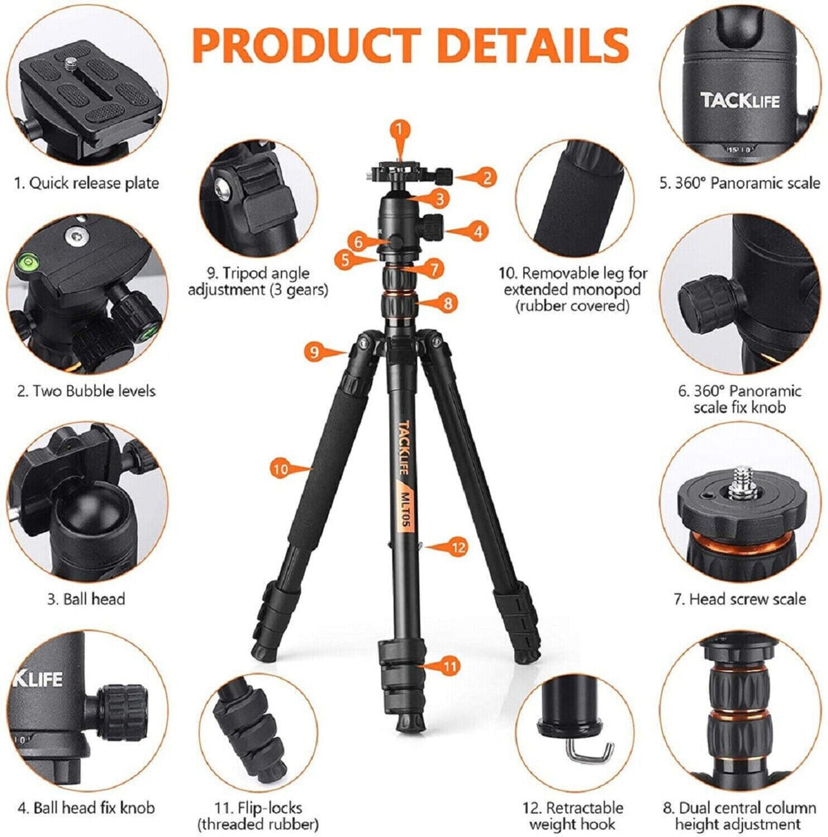 TACKLIFE Kamera & Handy Stativ MLT05 | 55-178cm Höhenverstellbar | 360° Kugelkopf | 9kg Tragkraft | Einbeinstativ & Selfie-Stick mit Bluetooth